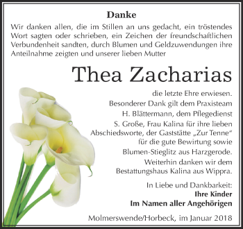 Traueranzeige von Thea Zacharias von Super Sonntag SGH Mansf. Land
