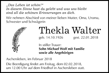 Traueranzeige von Thekla Walter von Mitteldeutsche Zeitung Aschersleben