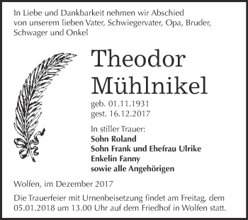 Traueranzeige von Theodor Mühlnikel von WVG - Wochenspiegel Bitterfeld