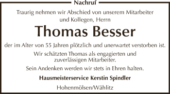 Traueranzeige von Thomas Besser von WVG - Wochenspiegel NMB / WSF / ZTZ