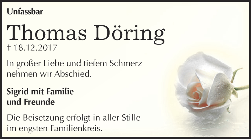  Traueranzeige für Thomas Döring vom 06.01.2018 aus Super Sonntag Bernburg