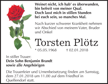 Traueranzeige von Torsten Plötz von Mitteldeutsche Zeitung