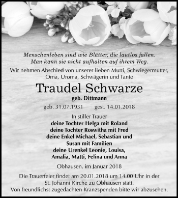 Traueranzeige von Traudel Schwarze von Mitteldeutsche Zeitung Merseburg/Querfurt