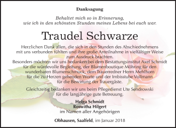 Traueranzeige von Traudel Schwarze von Mitteldeutsche Zeitung Merseburg/Querfurt