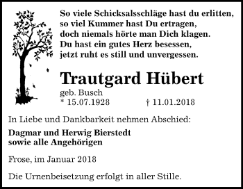 Traueranzeige von Trautgard Hübert von Mitteldeutsche Zeitung Aschersleben
