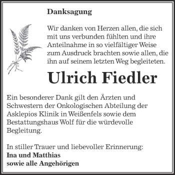 Traueranzeige von Ulrich Fiedler von WVG - Wochenspiegel NMB / WSF / ZTZ