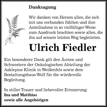 Traueranzeige von Ulrich Fiedler von Mitteldeutsche Zeitung Weißenfels