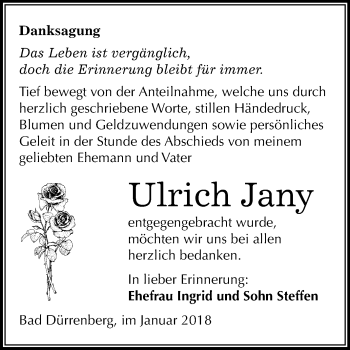 Traueranzeige von Ulrich Jany von Mitteldeutsche Zeitung Merseburg/Querfurt