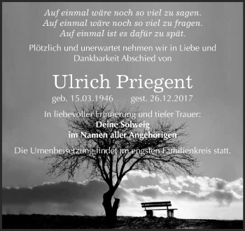 Traueranzeige von Ulrich Priegent von WVG - Wochenspiegel Wittenberg