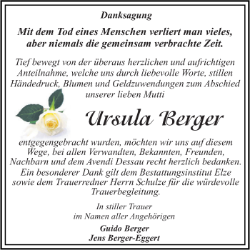 Traueranzeige von Ursula Berger von WVG - Wochenspiegel Dessau / Köthen