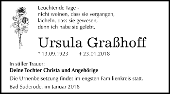 Traueranzeige von Ursula Graßhoff von Mitteldeutsche Zeitung Quedlinburg