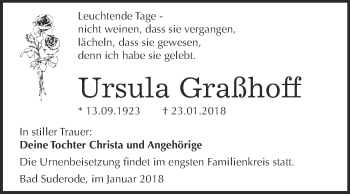 Traueranzeige von Ursula Graßhoff von Super Sonntag Quedlinburg