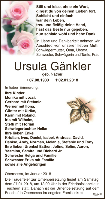Traueranzeige von Ursula Gänkler von WVG - Wochenspiegel NMB / WSF / ZTZ