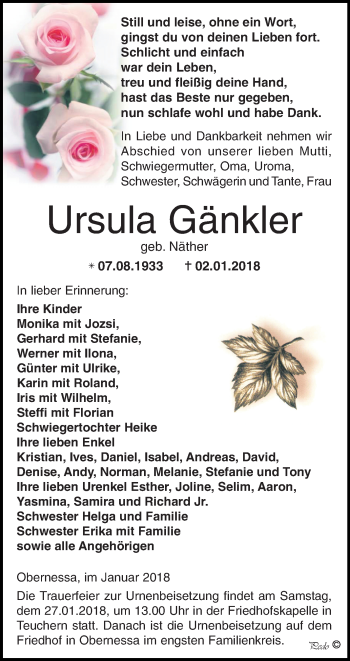 Traueranzeige von Ursula Gänkler von Mitteldeutsche Zeitung Weißenfels