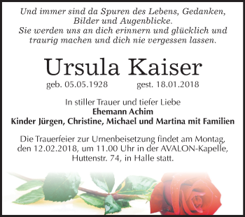 Traueranzeige von Ursula Kaiser von Mitteldeutsche Zeitung Halle/Saalkreis