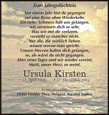 Traueranzeige von Ursula Kirsten von WVG - Wochenspiegel NMB / WSF / ZTZ