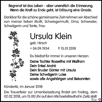 Traueranzeige von Ursula Klein von Mitteldeutsche Zeitung Zeitz