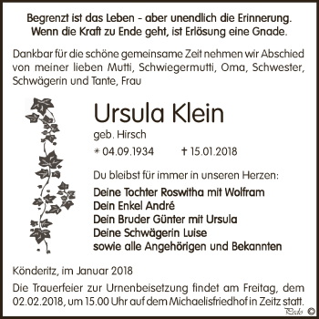 Traueranzeige von Ursula Klein von Super Sonntag Zeitz