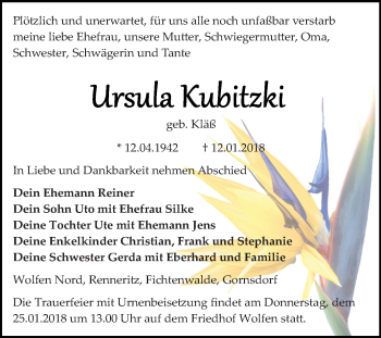 Traueranzeige von Ursula Kubitzki von Mitteldeutsche Zeitung Bitterfeld