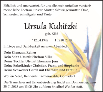 Traueranzeige von Ursula Kubitzki von WVG - Wochenspiegel Bitterfeld