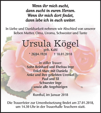 Traueranzeige von Ursula Kögel von Mitteldeutsche Zeitung Weißenfels
