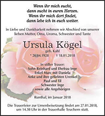 Traueranzeige von Ursula Kögel von WVG - Wochenspiegel NMB / WSF / ZTZ