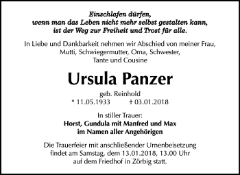 Traueranzeige von Ursula Panzer von Mitteldeutsche Zeitung Bitterfeld