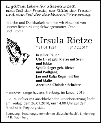 Traueranzeige von Ursula Rietze von Mitteldeutsche Zeitung