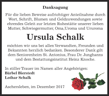 Traueranzeige von Ursula Schalk von Super Sonntag Aschersleben