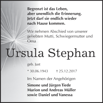 Traueranzeige von Ursula Stephan von Super Sonntag Aschersleben