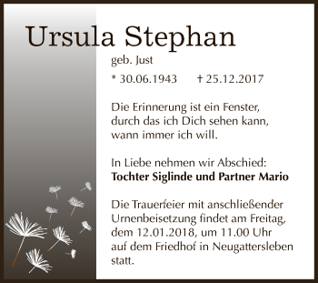 Traueranzeige von Ursula Stephan von Super Sonntag Bernburg