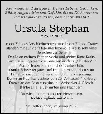 Traueranzeige von Ursula Stephan von Super Sonntag Bernburg