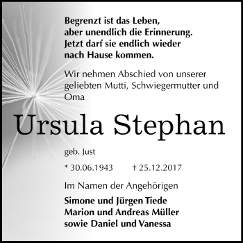 Traueranzeige von Ursula Stephan von Mitteldeutsche Zeitung Bernburg