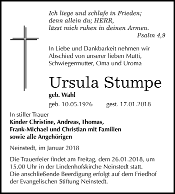 Traueranzeige von Ursula Stumpe von Mitteldeutsche Zeitung Quedlinburg