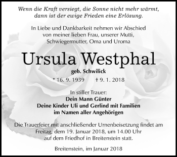 Traueranzeige von Ursula Westphal von Mitteldeutsche Zeitung Sangerhausen