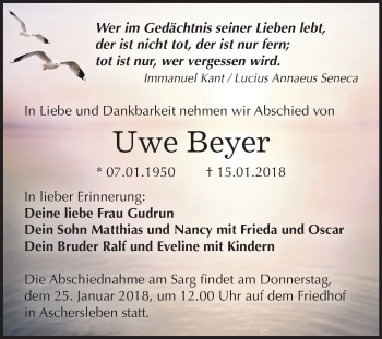 Traueranzeige von Uwe Beyer von Mitteldeutsche Zeitung Aschersleben