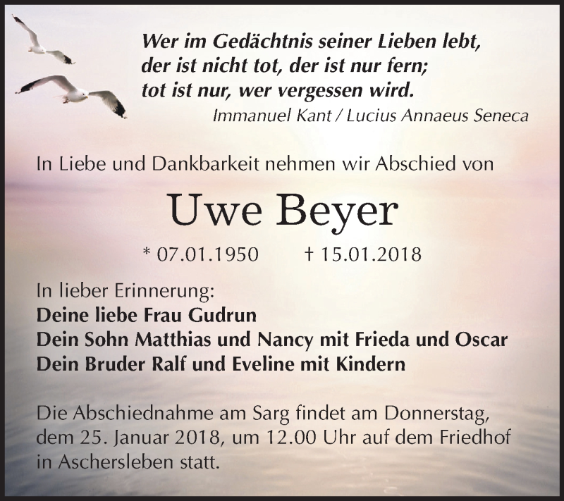  Traueranzeige für Uwe Beyer vom 20.01.2018 aus Mitteldeutsche Zeitung Aschersleben
