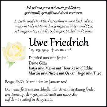 Traueranzeige von Uwe Friedrich von Mitteldeutsche Zeitung
