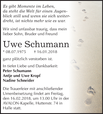 Traueranzeige von Uwe Schumann von Mitteldeutsche Zeitung Halle/Saalkreis