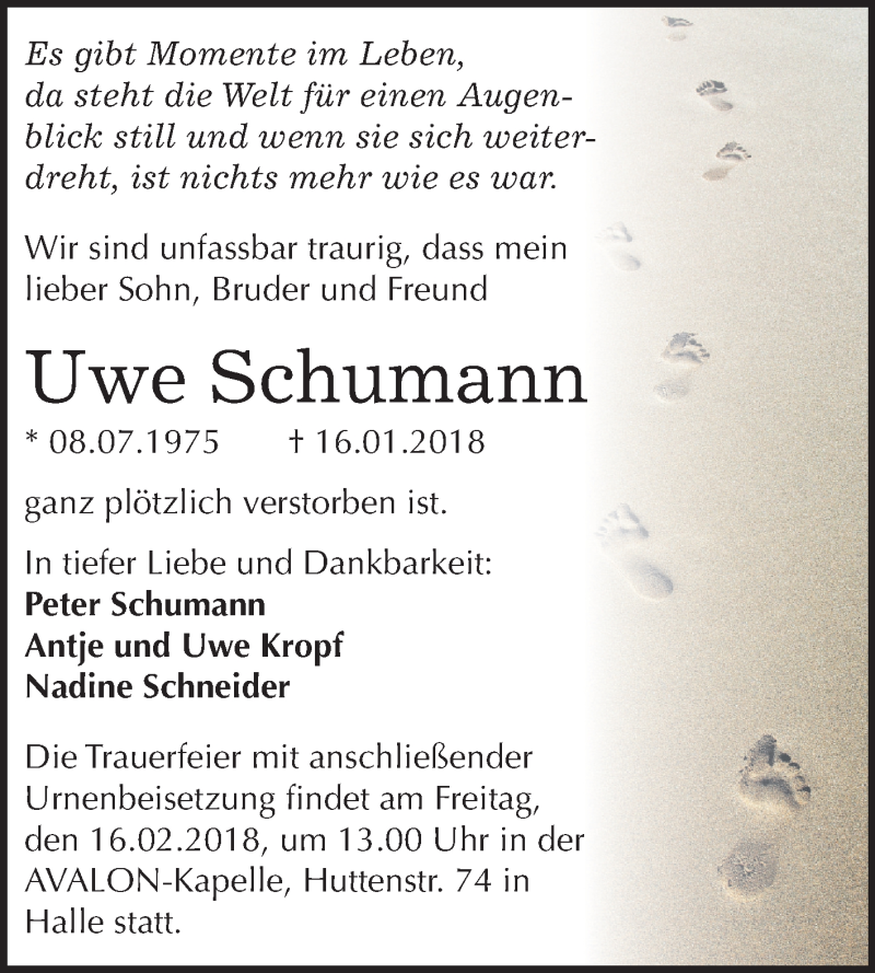  Traueranzeige für Uwe Schumann vom 27.01.2018 aus Mitteldeutsche Zeitung Halle/Saalkreis