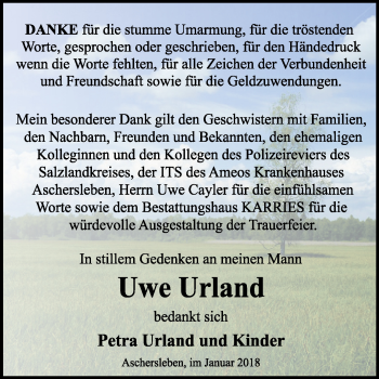 Traueranzeige von Uwe Urland von Mitteldeutsche Zeitung Aschersleben