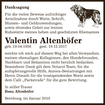 Traueranzeige von Valentin Altenhöfer von Super Sonntag Bernburg