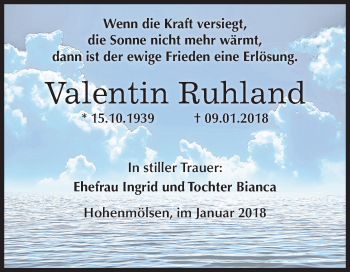 Traueranzeige von Valentin Ruhland von Mitteldeutsche Zeitung Weißenfels