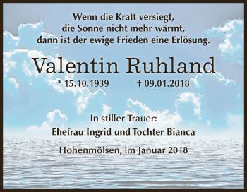 Traueranzeige von Valentin Ruhland von WVG - Wochenspiegel NMB / WSF / ZTZ
