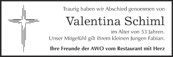 Traueranzeige von Valentina Schiml von Super Sonntag Quedlinburg