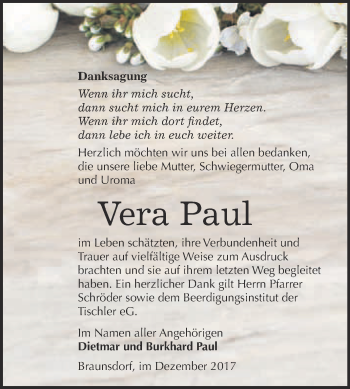 Traueranzeige von Vera Paul von WVG - Wochenspiegel Wittenberg