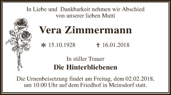 Traueranzeige von Vera Zimmermann von WVG - Wochenspiegel Dessau / Köthen
