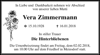 Traueranzeige von Vera Zimmermann von Mitteldeutsche Zeitung Dessau-Roßlau