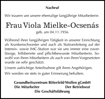 Traueranzeige von Viola Mielke-Ocsenas von Mitteldeutsche Zeitung Bitterfeld