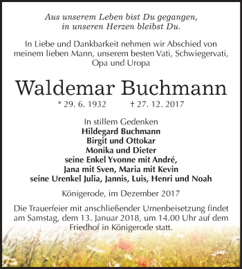Traueranzeige von Waldemar Buchmann von Mitteldeutsche Zeitung Quedlinburg